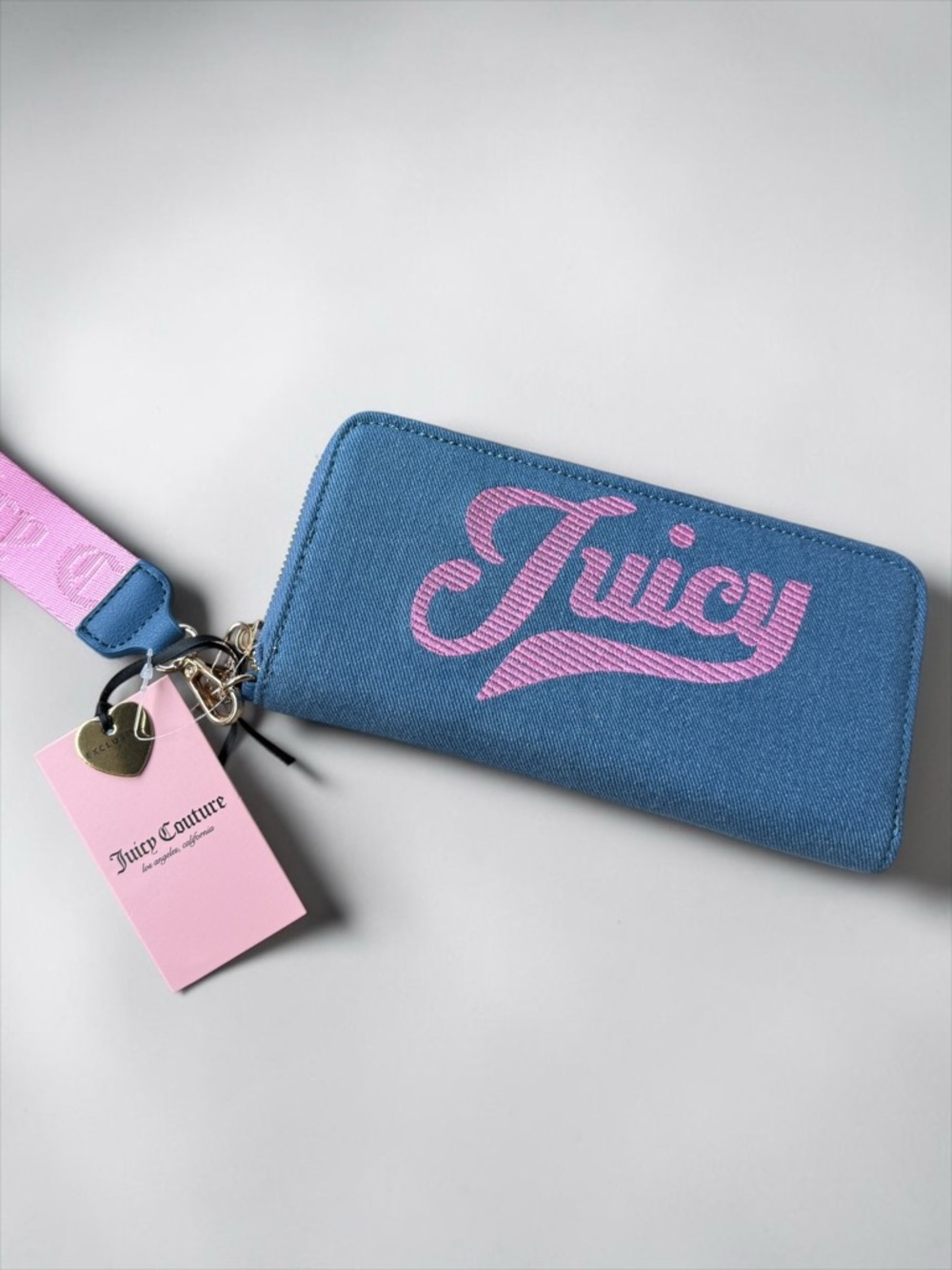 Juicy Couture Medium Washed Denim Too Cute Large Zip-Around Wristlet Wallet, NWT